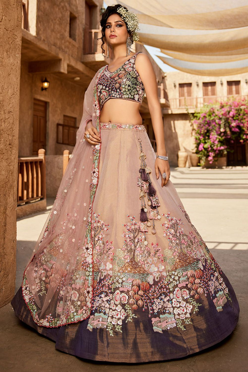 Beige Net Wedding Cocktail Lehenga Choli SFROY518803