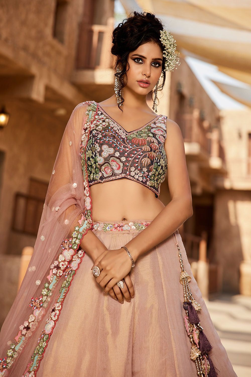 Beige Net Wedding Cocktail Lehenga Choli SFROY518803