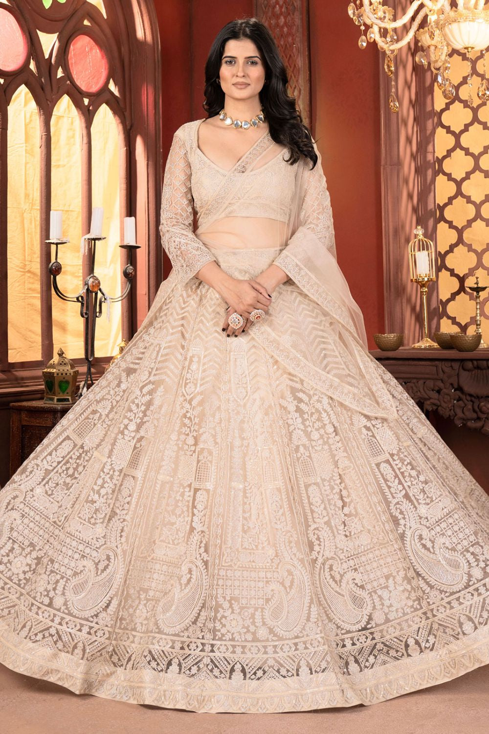 Beige Net Lehenga Choli With Zari And Resham Work SFRELS3811