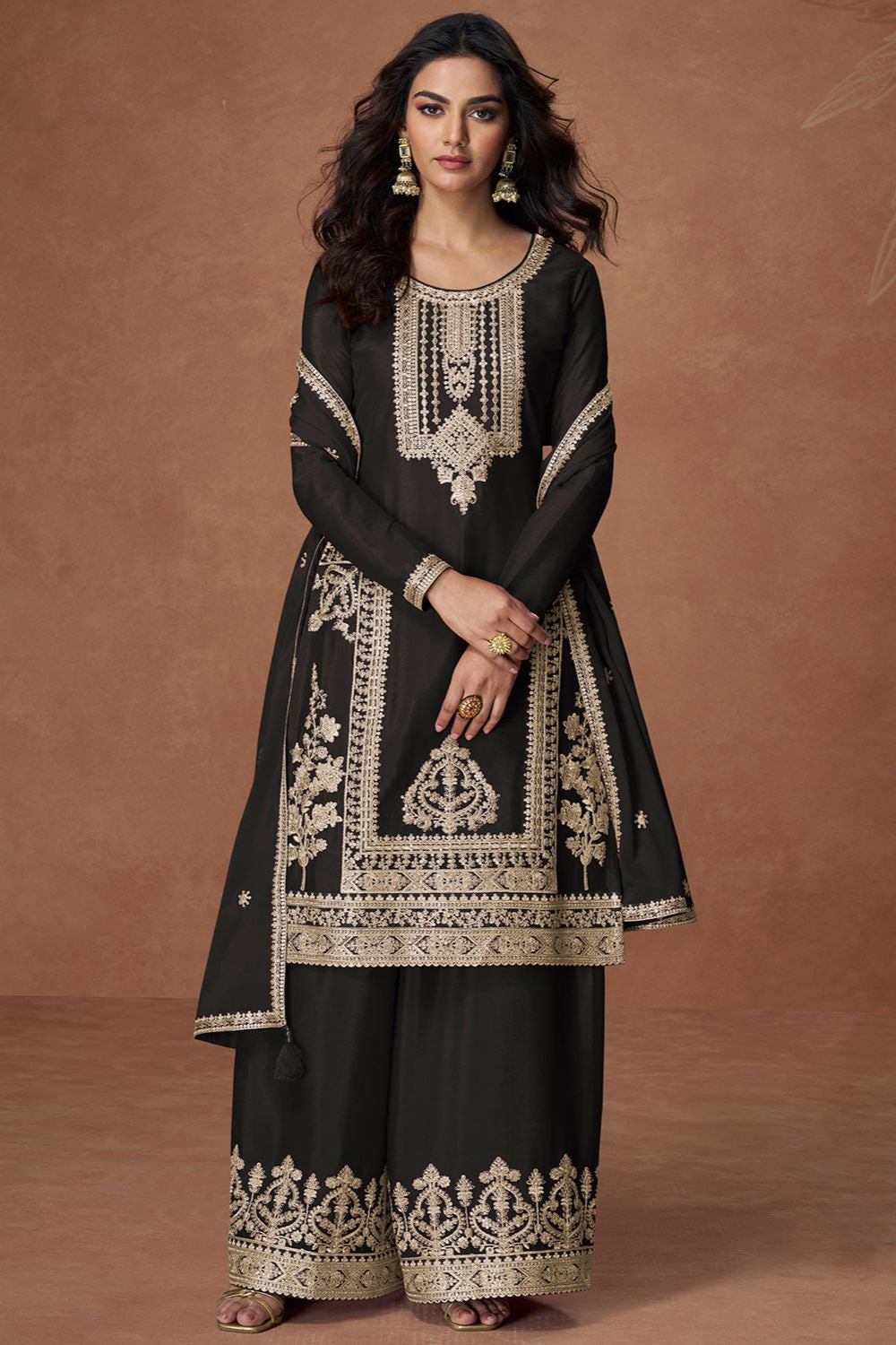 Black Culture-wrapped Chinnon Silk Palazzo Suit SFYS155904R