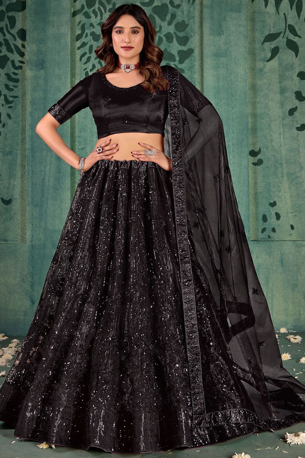 Black Wedding Party Sangeet Net Lehenga Set SFYS143202