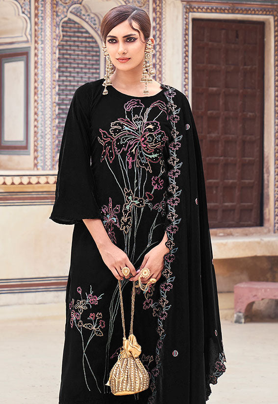 Black Plus Size Velvet Salwar Kameez With Zari Work SFSTL29505