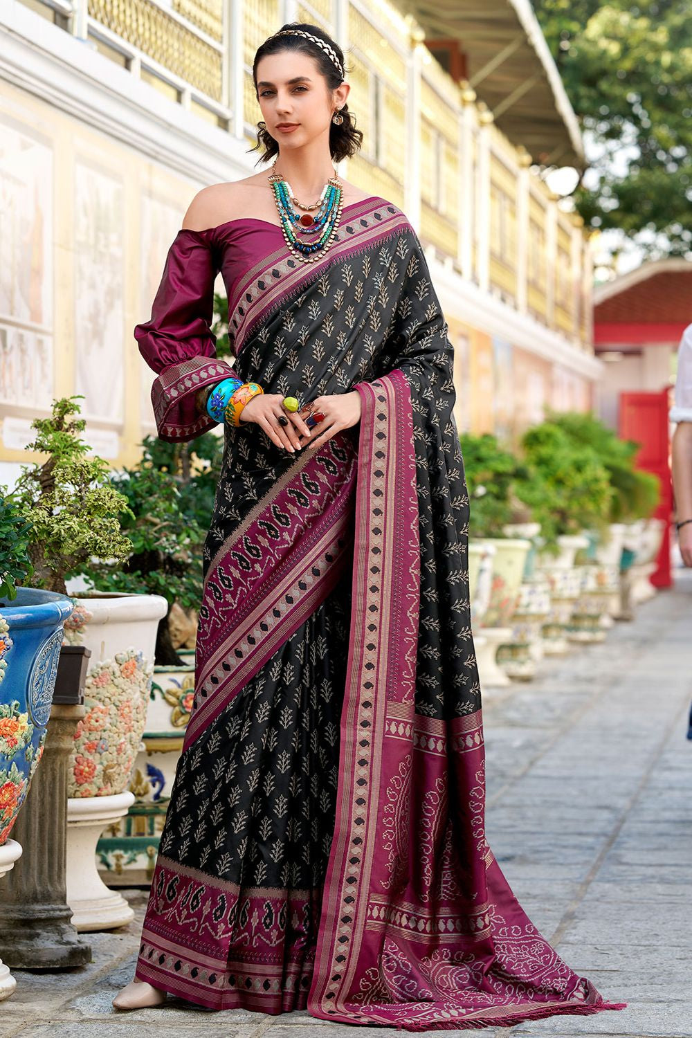 Black Soft Silk Print Casual Saree SFSJDN30605