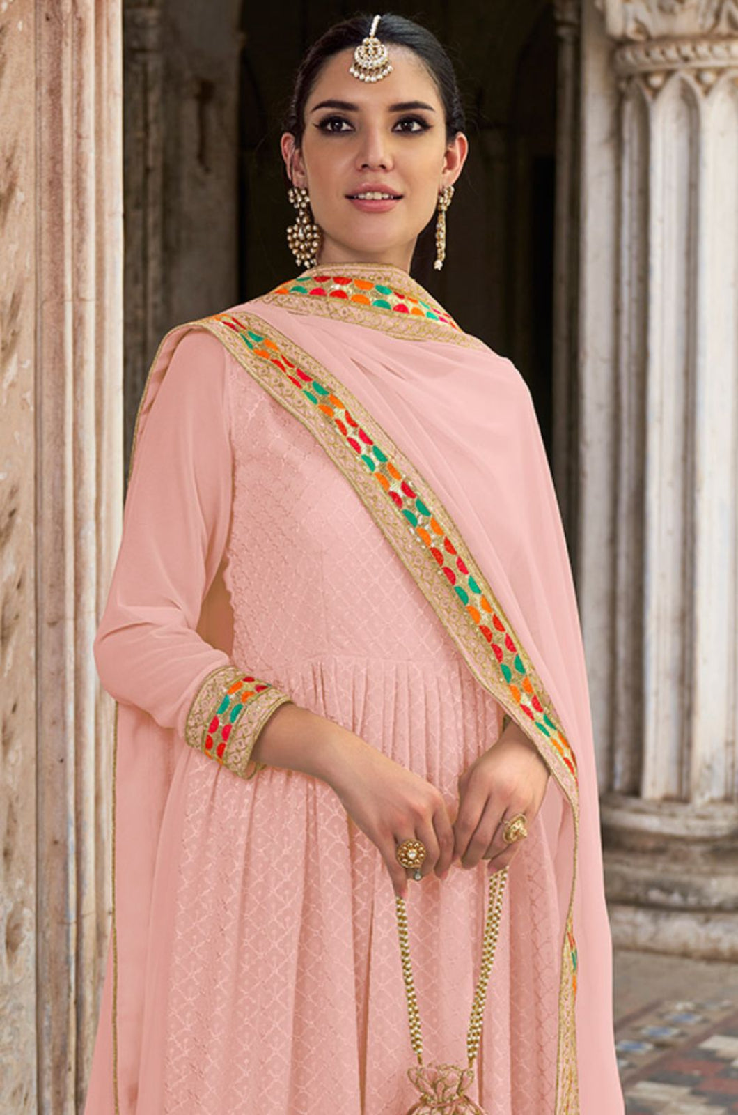 Pink Georgette Long Anarkali Gown Embroidered Lace Work SFSA332504D