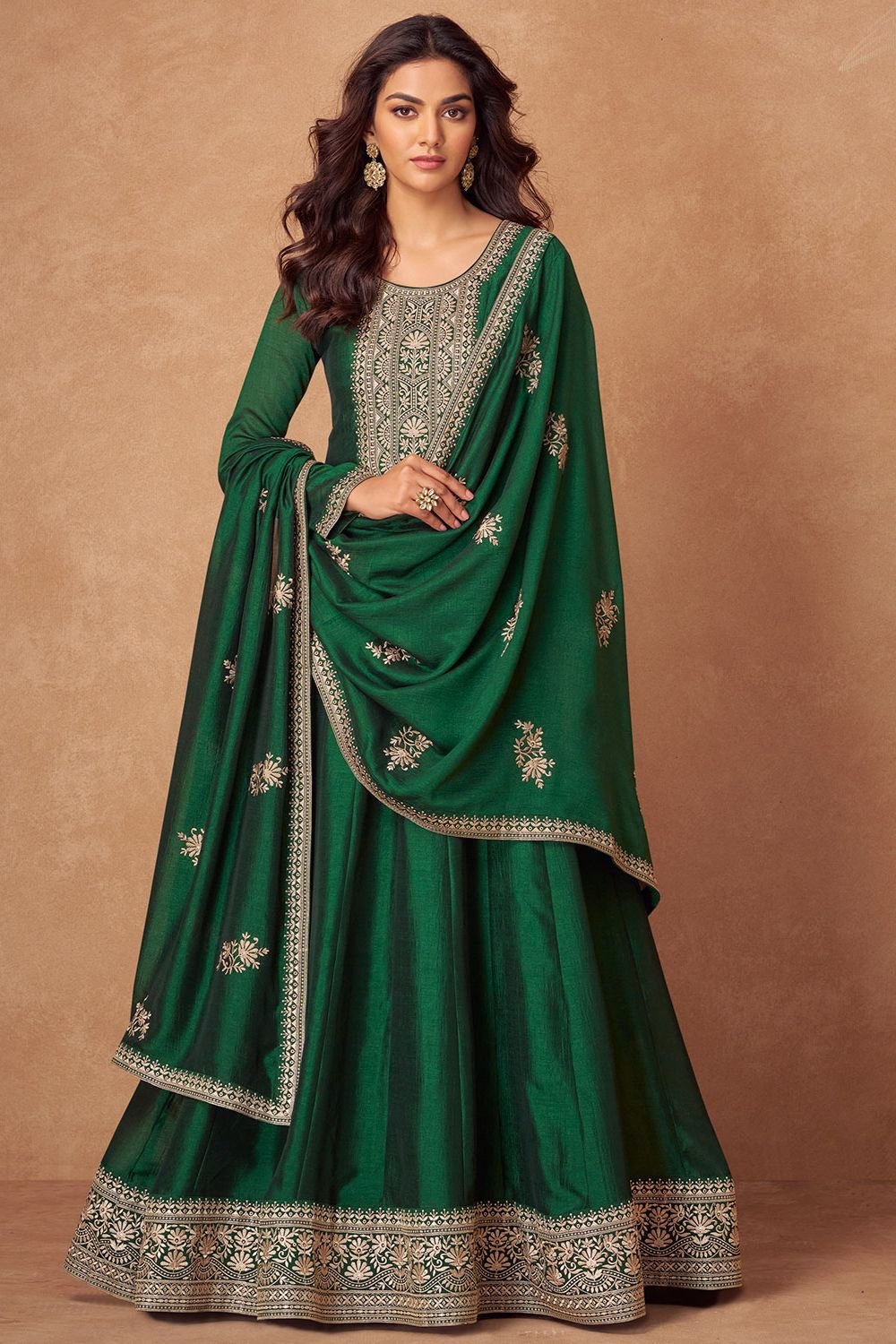 Green Wedding Sangeet Silk Anarkali Suit SFSMT41401