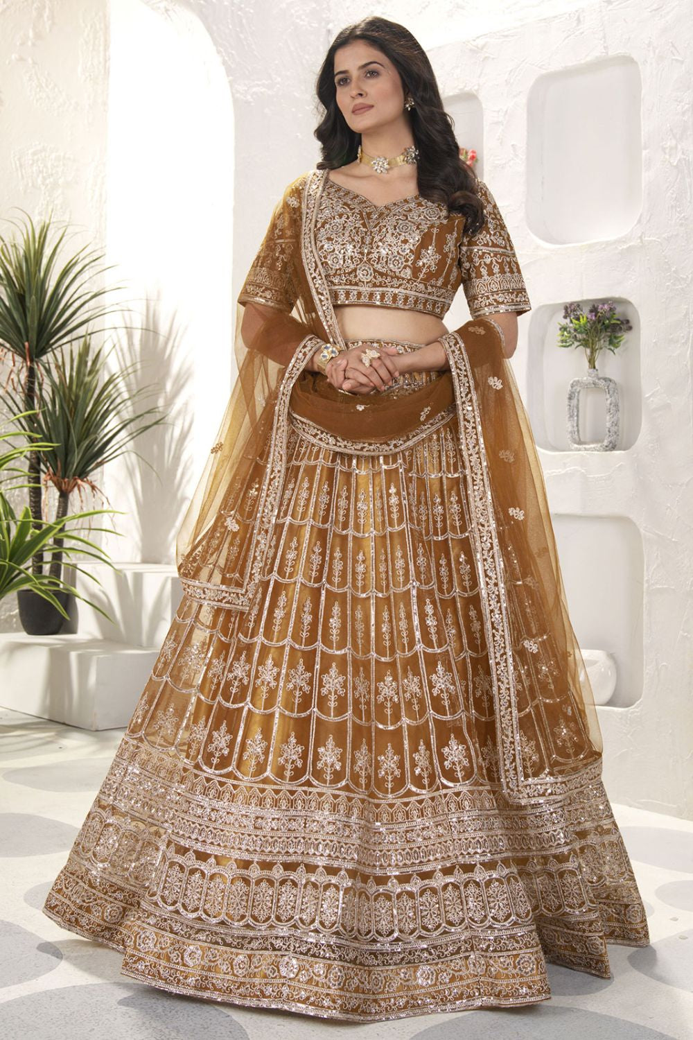 Brown Net Lehenga Choli With Zari And Resham Work SFRELS3810