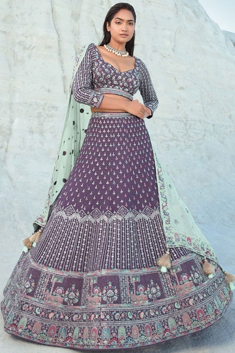 Burgundy Purple Georgette Wedding Reception Lehenga Choli SFARY22302