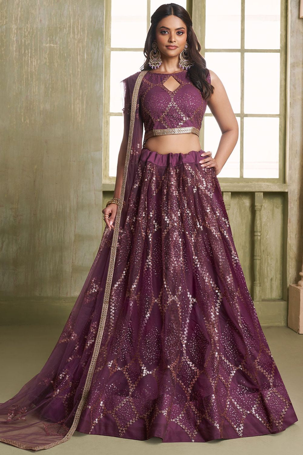 Burgundy Evening Wedding Net Wedding Lehenga Choli SFSA482601