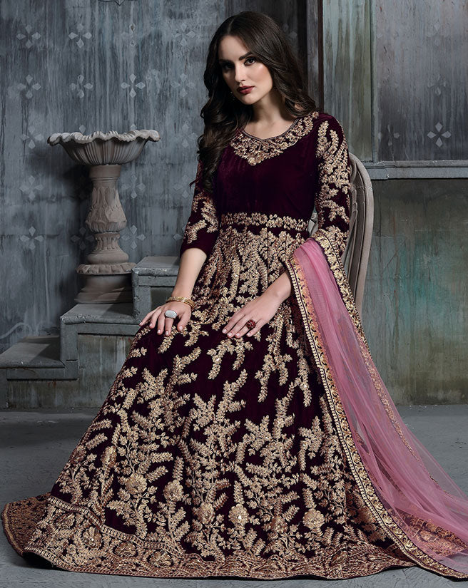 Burgundy Wine Bridal Velvet Anarkali Suit SFDFS11301