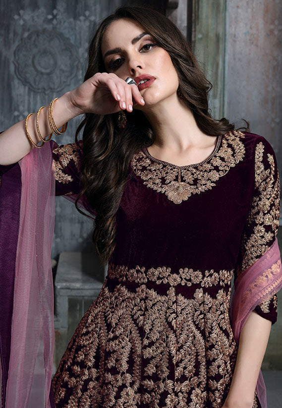 Burgundy Wine Bridal Velvet Anarkali Suit SFDFS11301