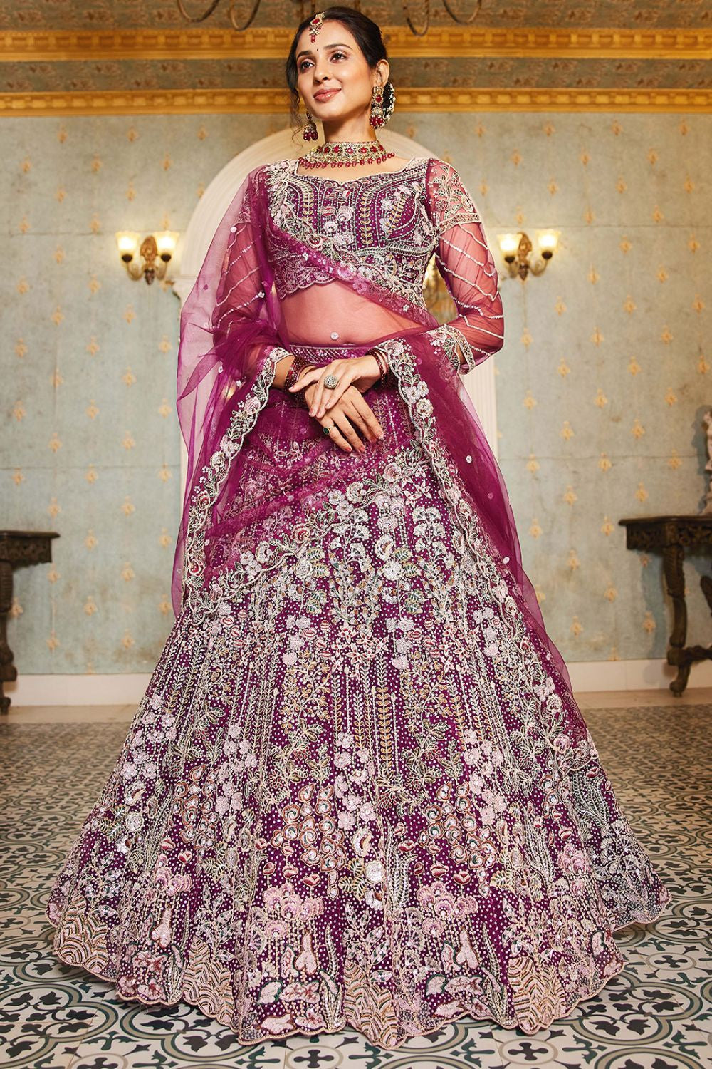 Burgundy Net Bridal Wedding Designer Lehenga Set SFROY509113