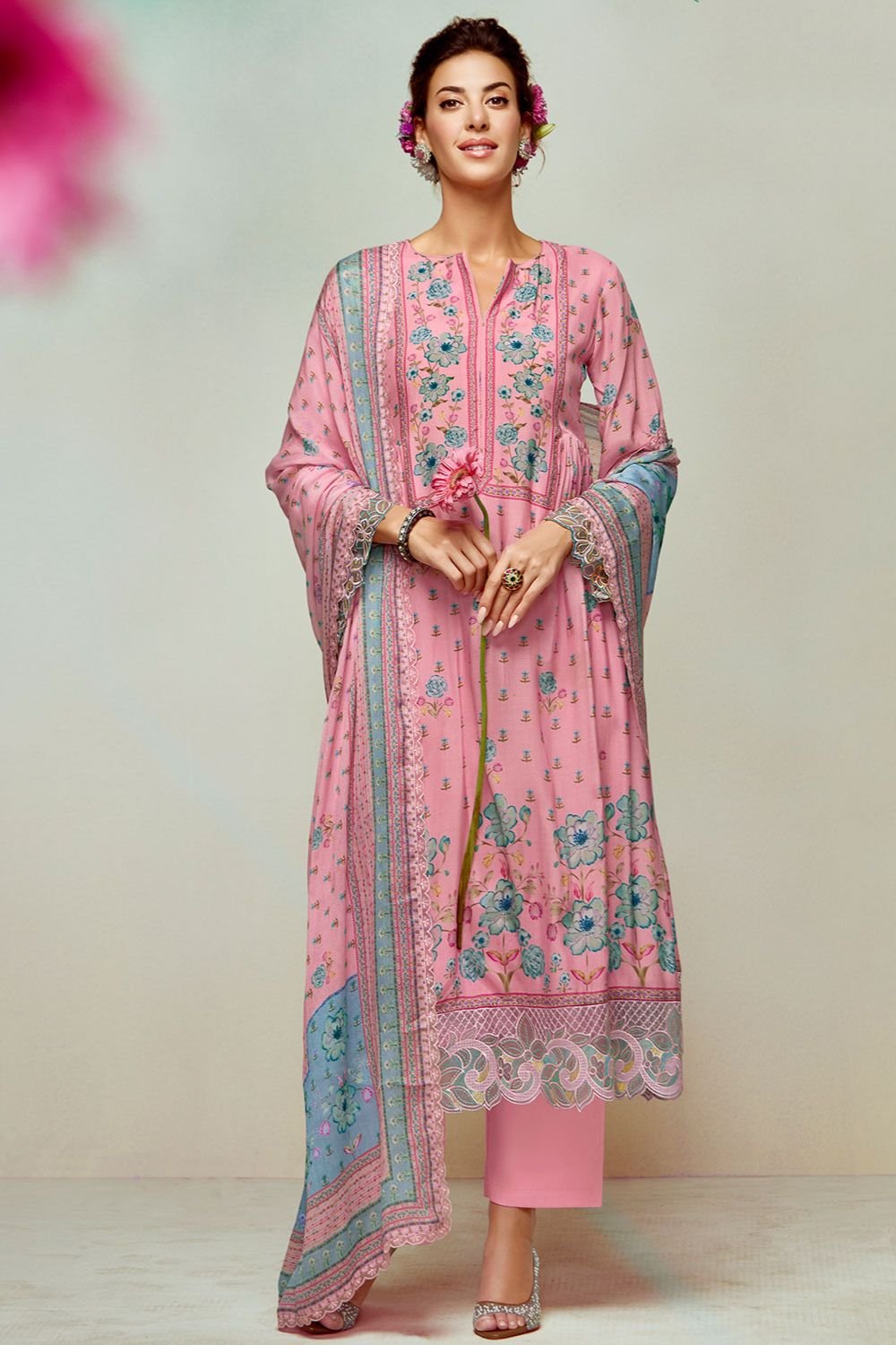 Pink Plus Size Embroidered Pure Muslin Salwar Kameez SFYS155202