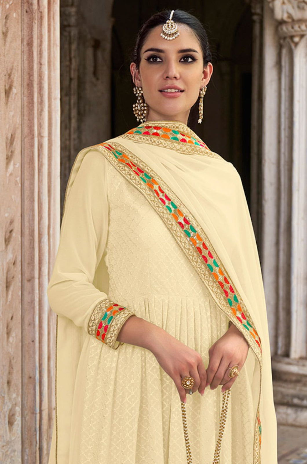 Cream Georgette Long Anarkali Gown Embroidered Lace Work SFSA332503C