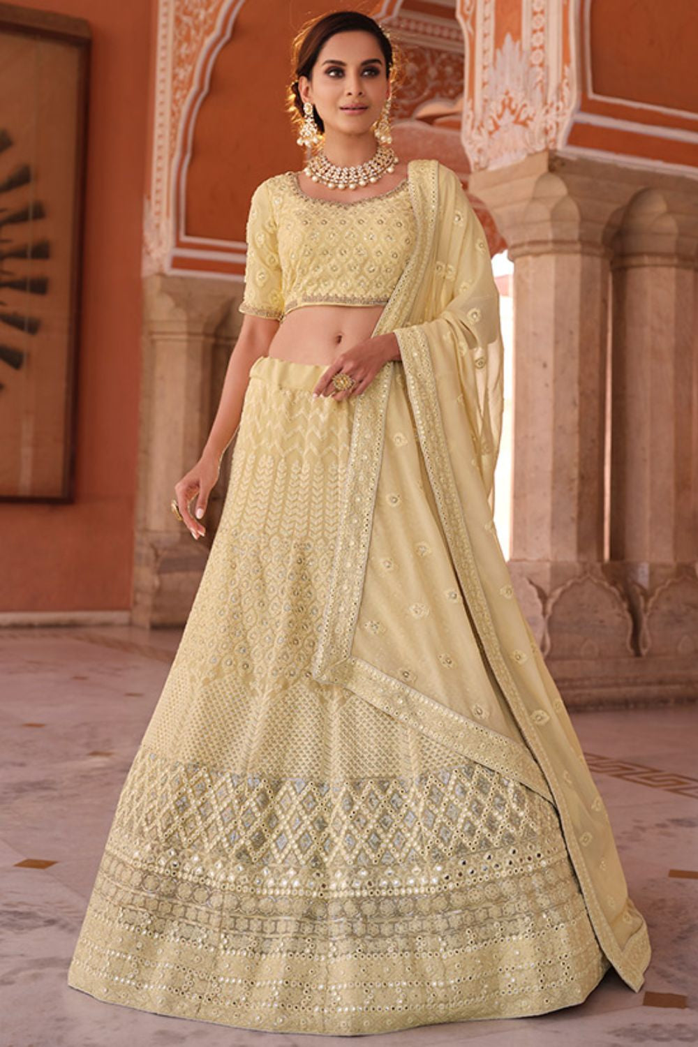 Cream Georgette Bridal Sangeet Lehenga Choli SFARY12404