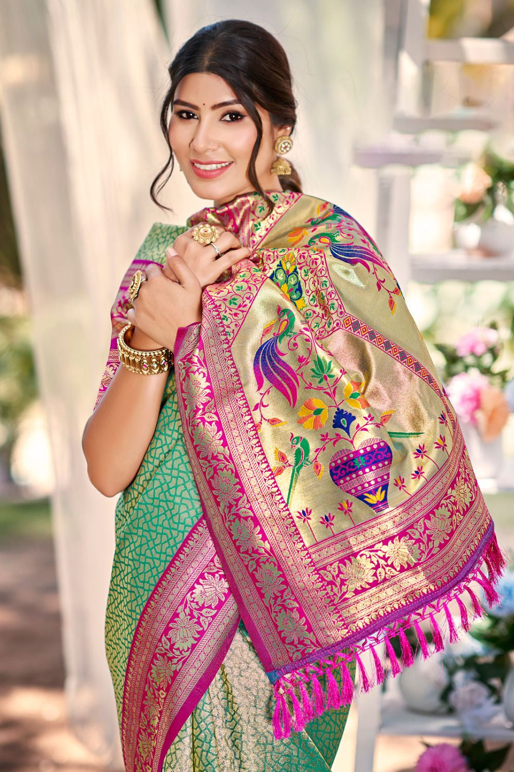 Green Haldi Kanjivaram Silk Zari Woven Saree With Blouse SFSGM119106