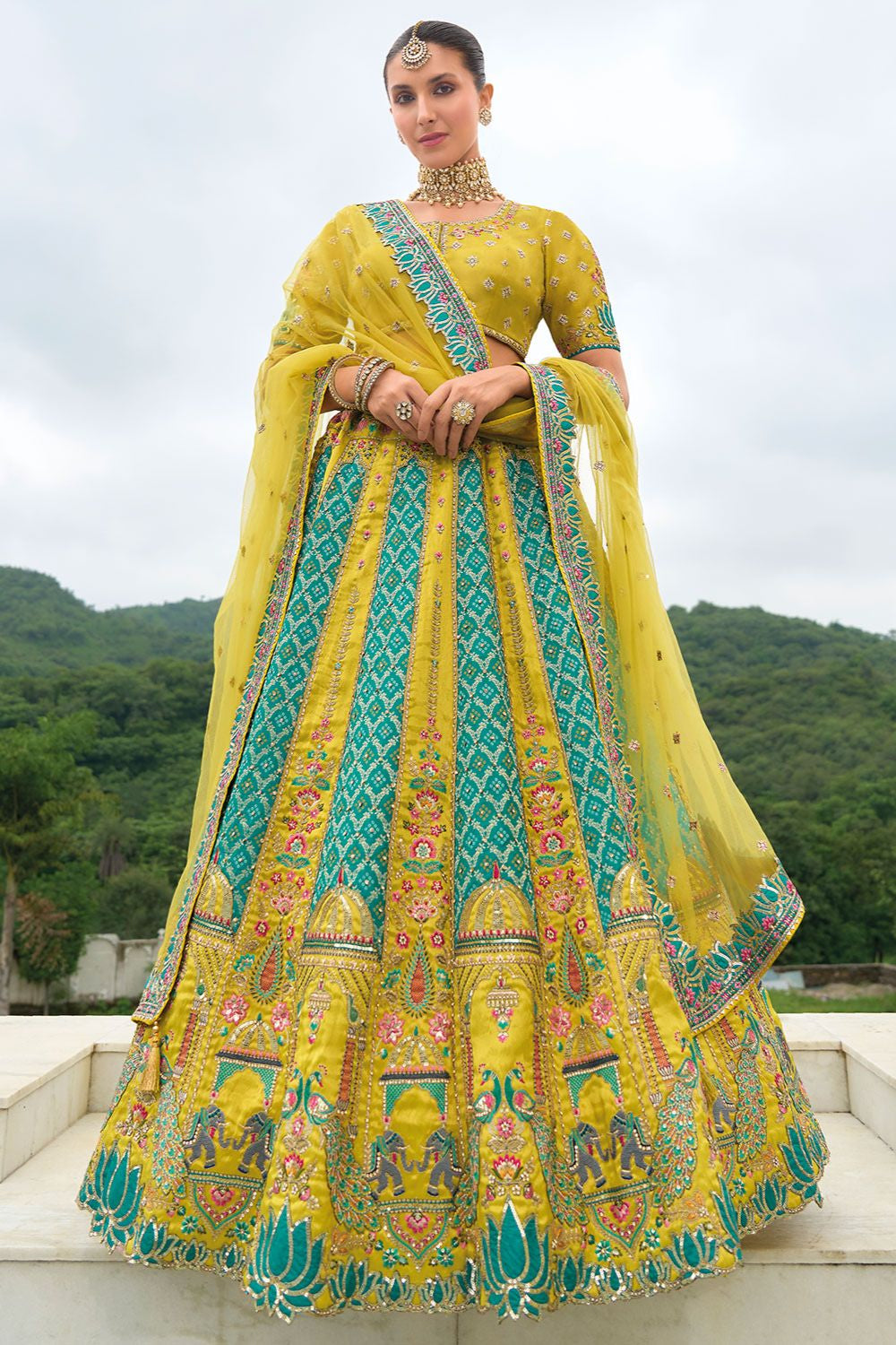 Turquoise Bridal Sangeet Silk Lehenga Choli Set SFSJDN25208