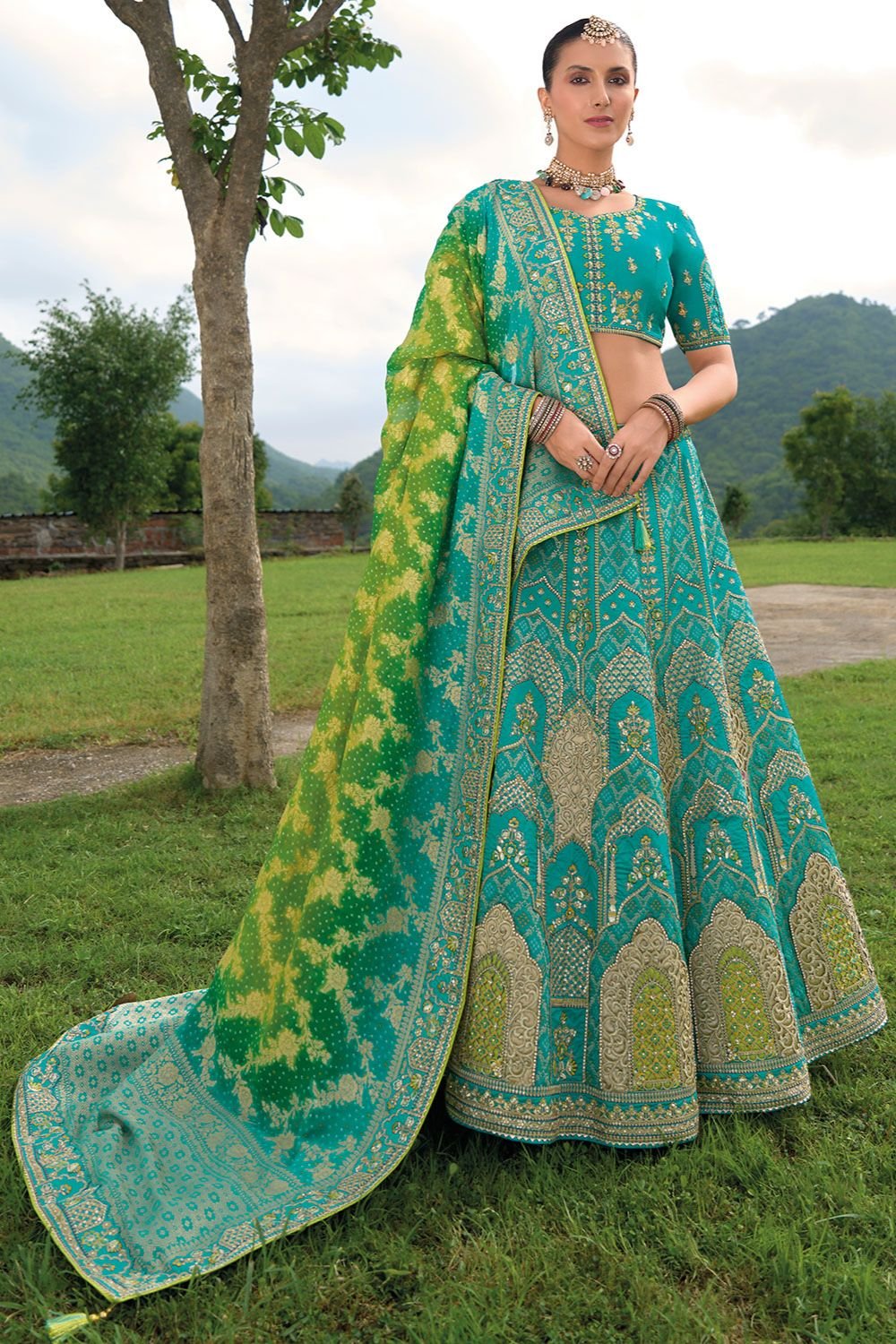 Turquoise Bridal Sangeet Silk Lehenga Choli Set SFSJDN25205