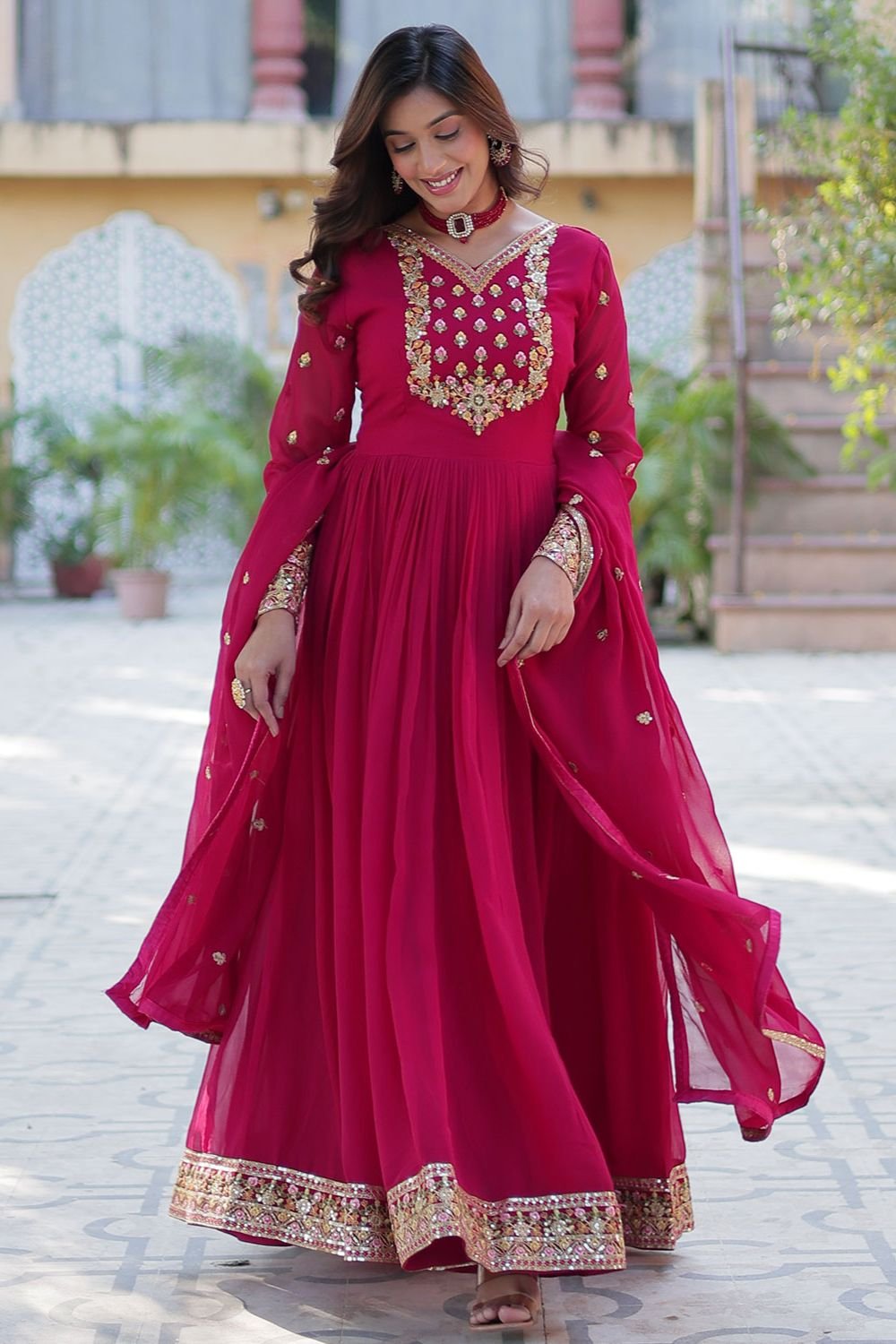 Pink Georgette Anarkali Gown With Sequin Work SFNPV57902R