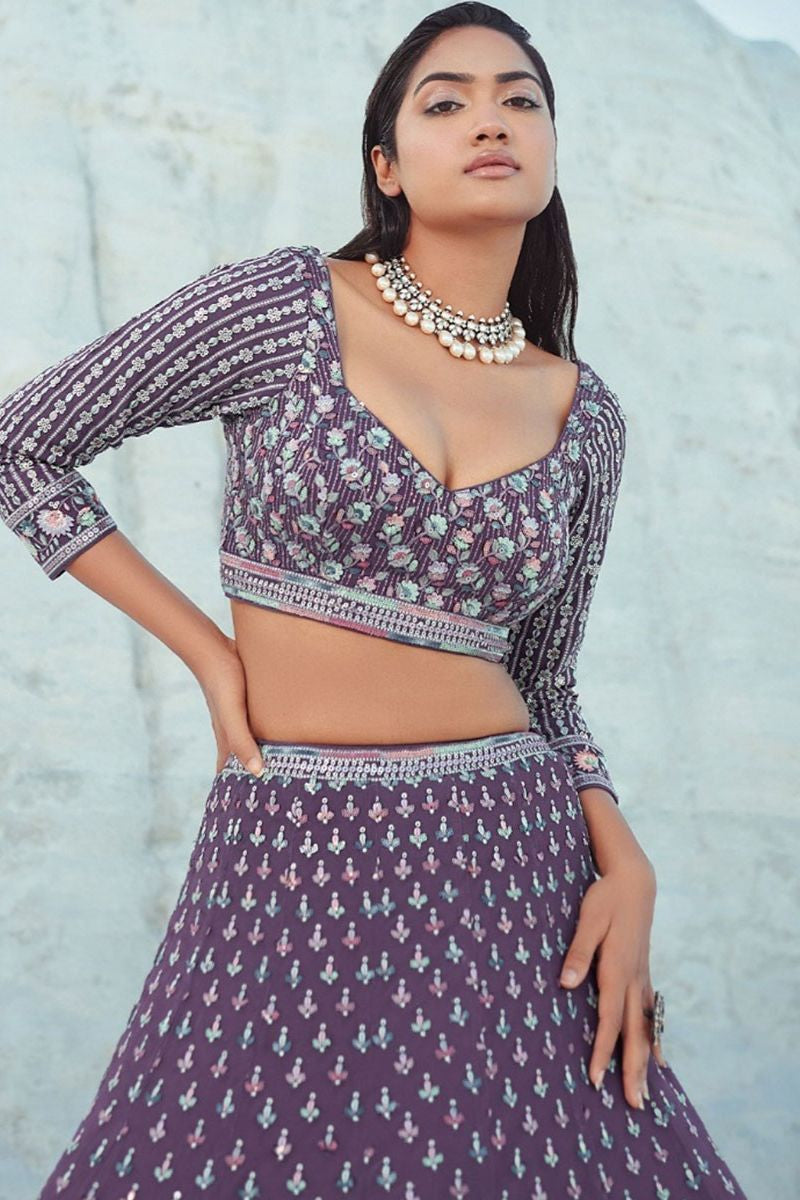 Burgundy Purple Georgette Wedding Reception Lehenga Choli SFARY22302