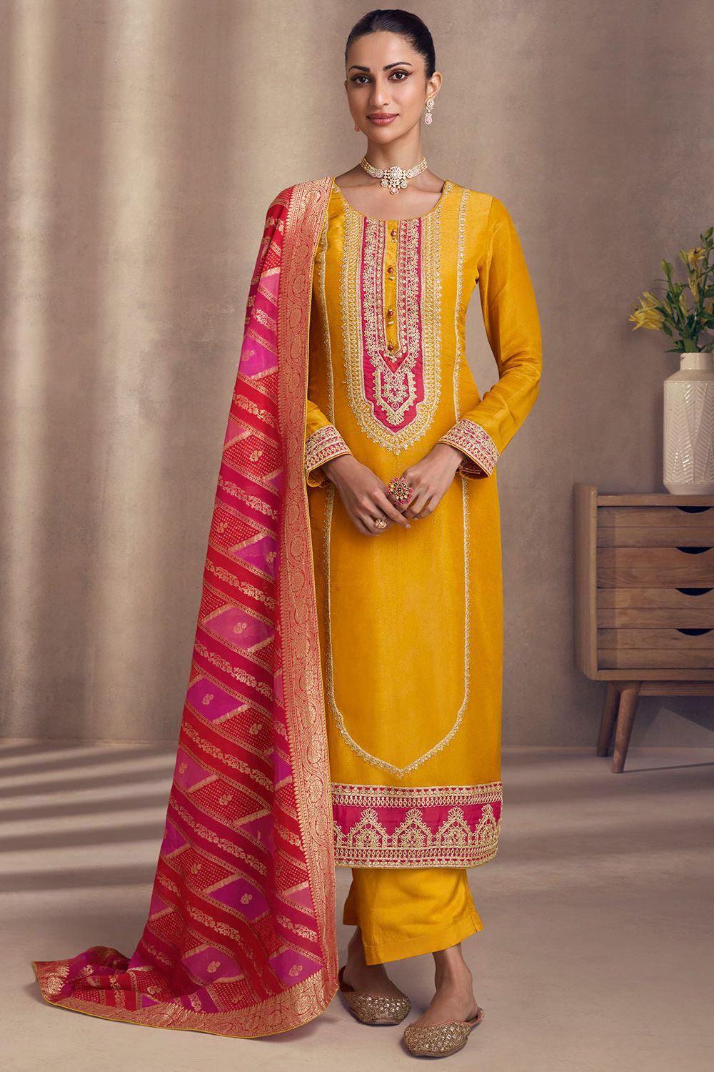 Yellow Sangeet Salwar Kameez In Shimmer Silk SFSMT40903R