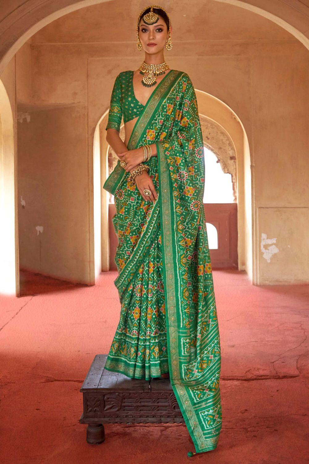 Green Silk Saree Blouse Patola Design SFSJDN31102