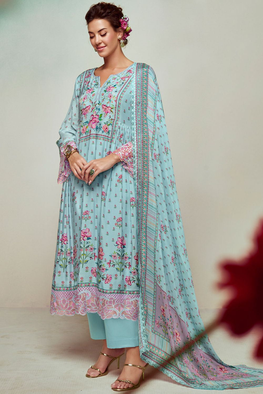 Blue Plus Size Embroidered Pure Muslin Salwar Kameez SFYS155205