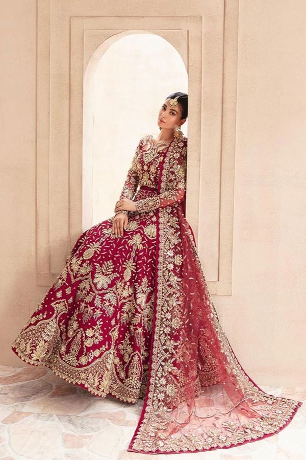 Maroon Net Wedding Sangeet Anarkali Gown Suit SFSA485202