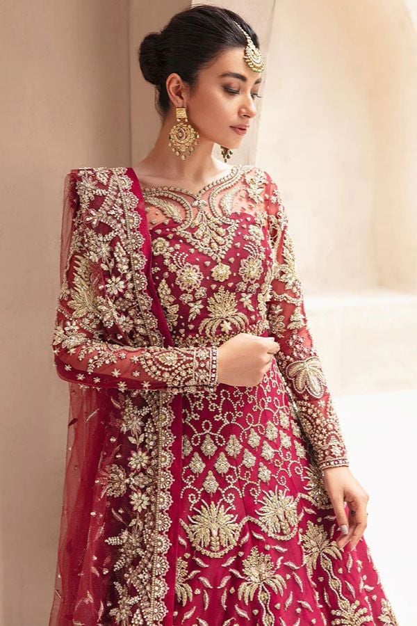 Maroon Net Wedding Sangeet Anarkali Gown Suit SFSA485202
