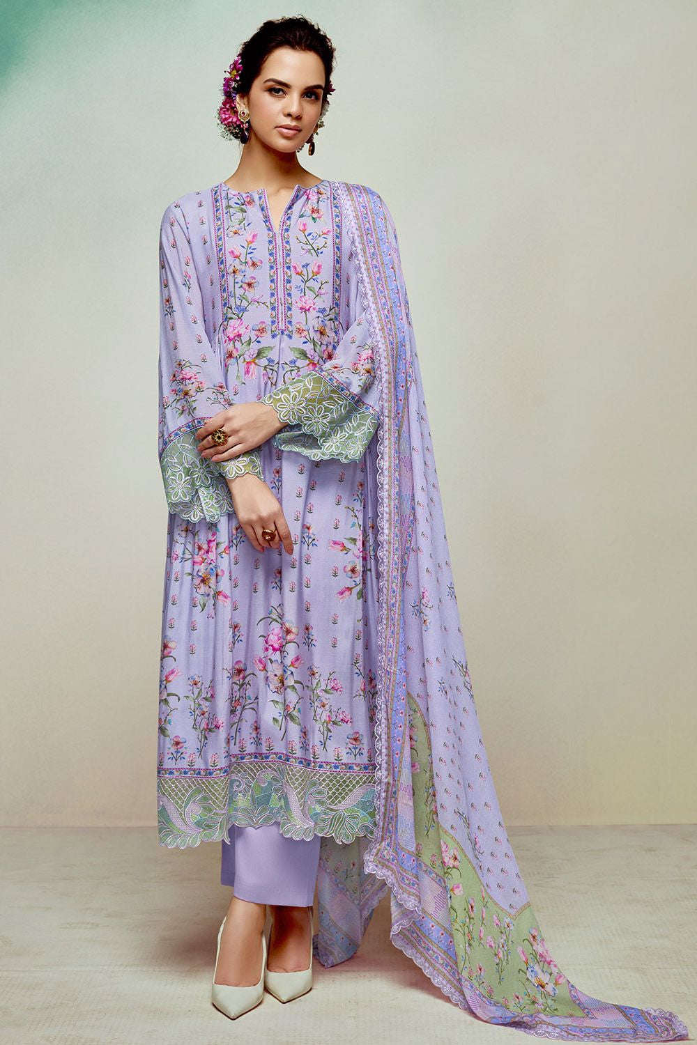 Purple Plus Size Embroidered Pure Muslin Salwar Kameez SFYS155204
