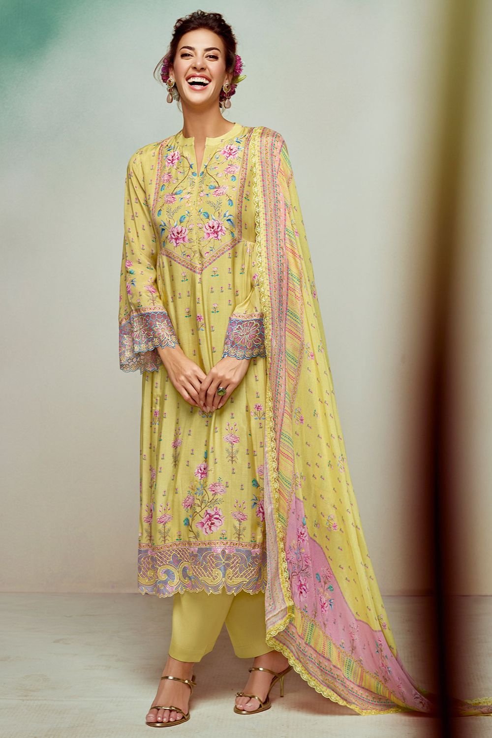 Yellow Plus Size Embroidered Pure Muslin Salwar Kameez SFYS155206