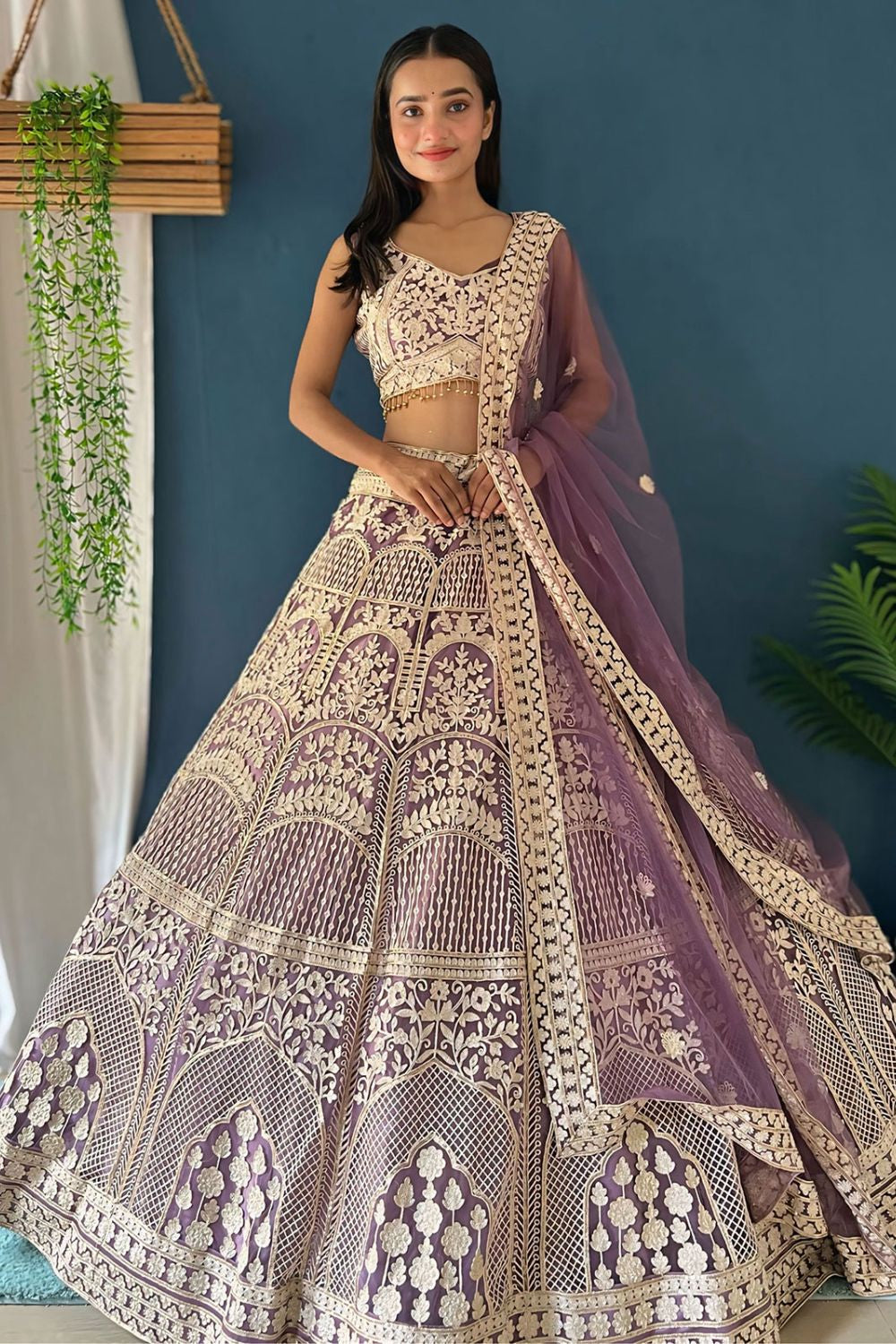 Purple Net Lehenga Choli With Zari And Resham Work SFRELS3803