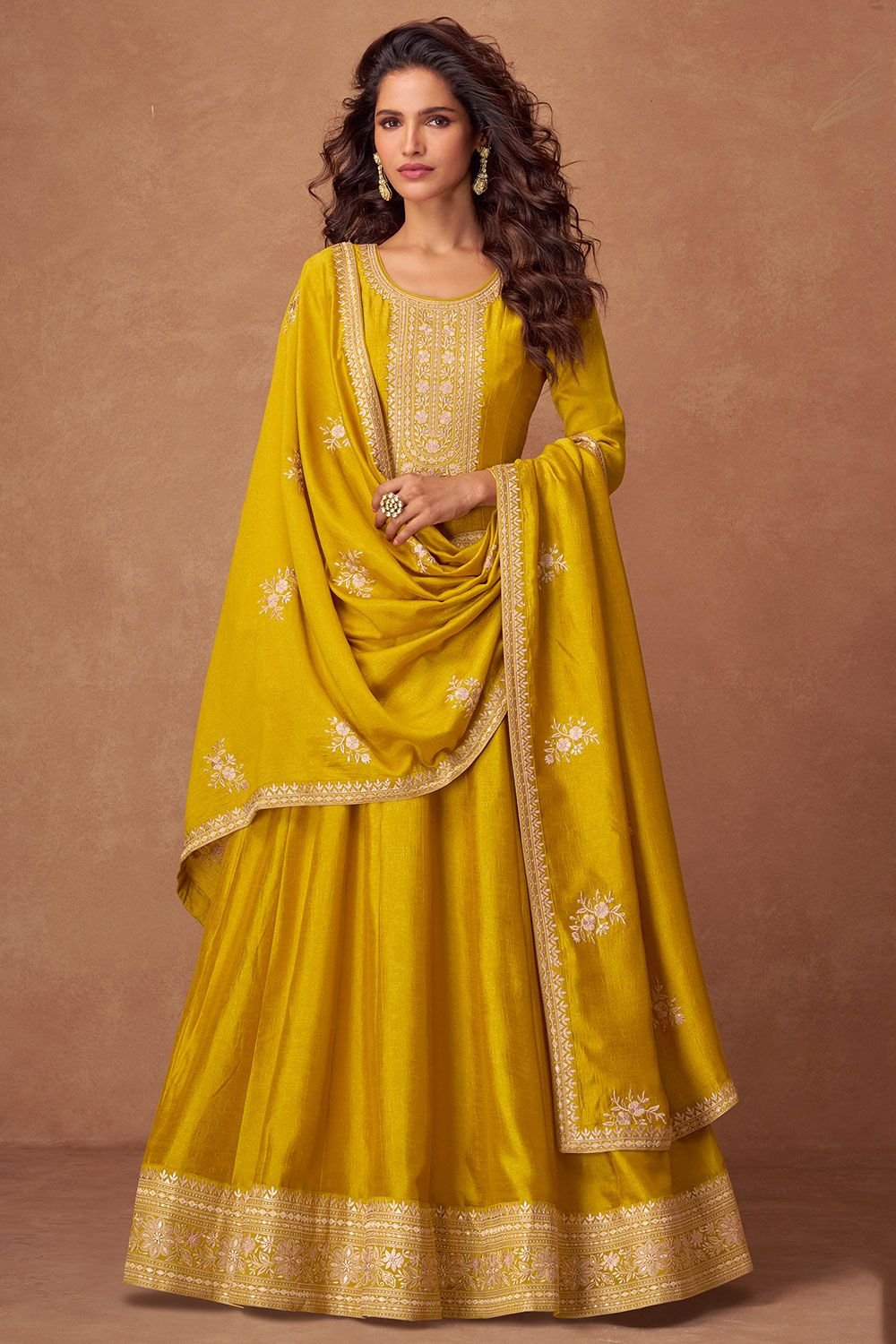 Yellow Haldi Wedding Sangeet Silk Anarkali Suit SFSMT41404