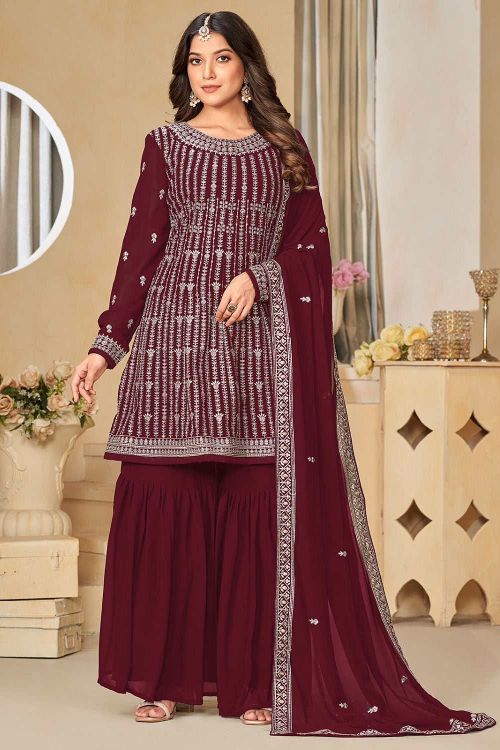 Maroon Georgette Palazzo Salwar Kameez SFDFS27904