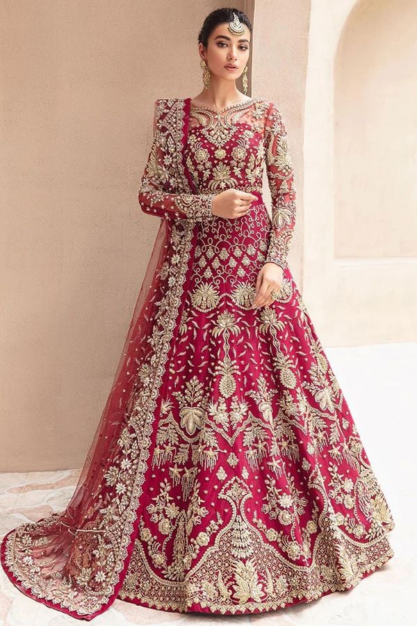 Maroon Net Wedding Sangeet Anarkali Gown Suit SFSA485202