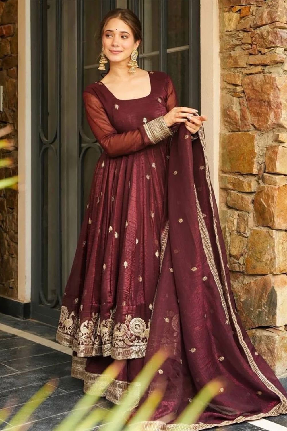 Captivating Maroon Heavy Silk Salwar Kameez Heavy Sequins SFROY544501R