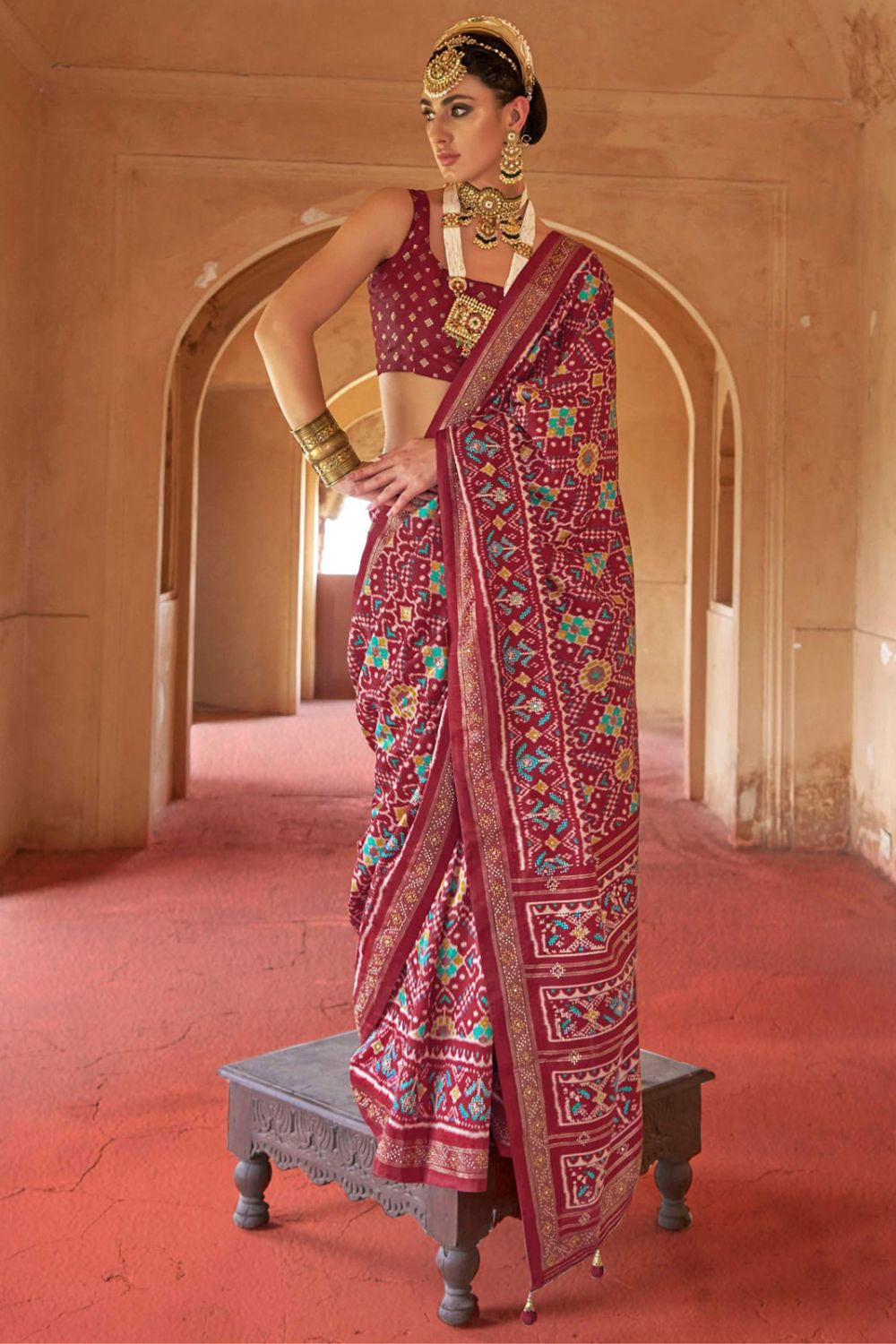 Maroon Silk Saree Blouse Patola Design SFSJDN31104