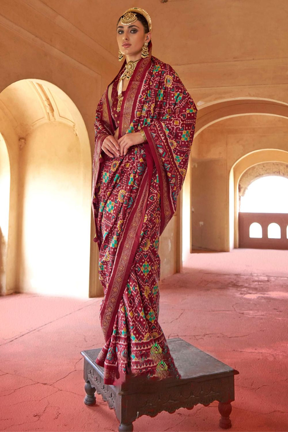 Maroon Silk Saree Blouse Patola Design SFSJDN31104