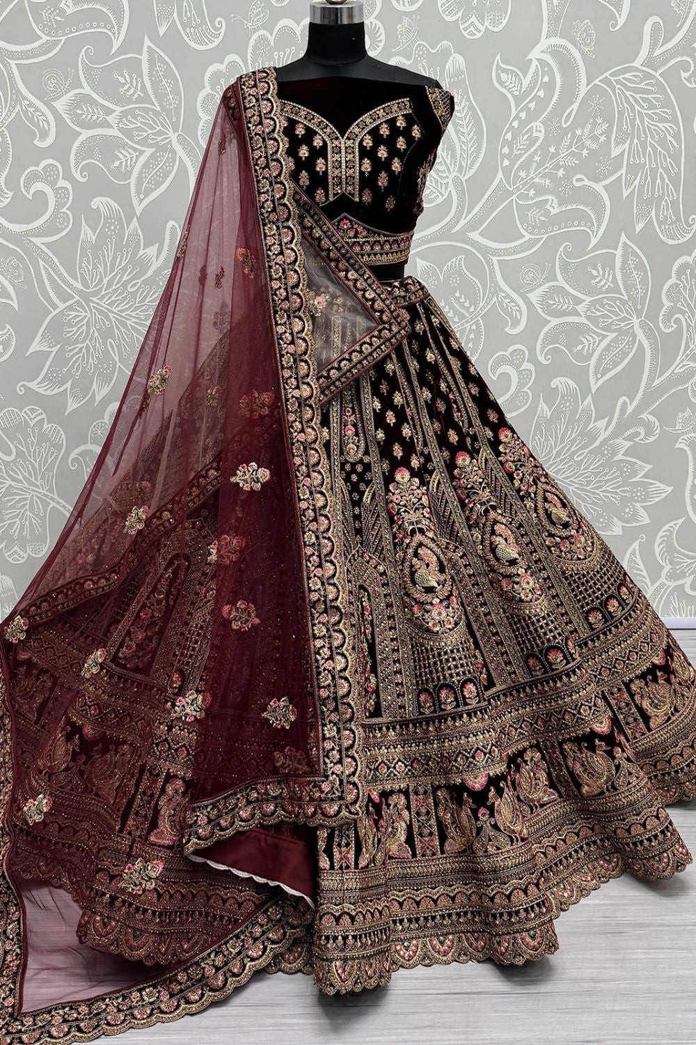 Maroon Refined Velvet Engagement Lehenga Choli SFANJ3014