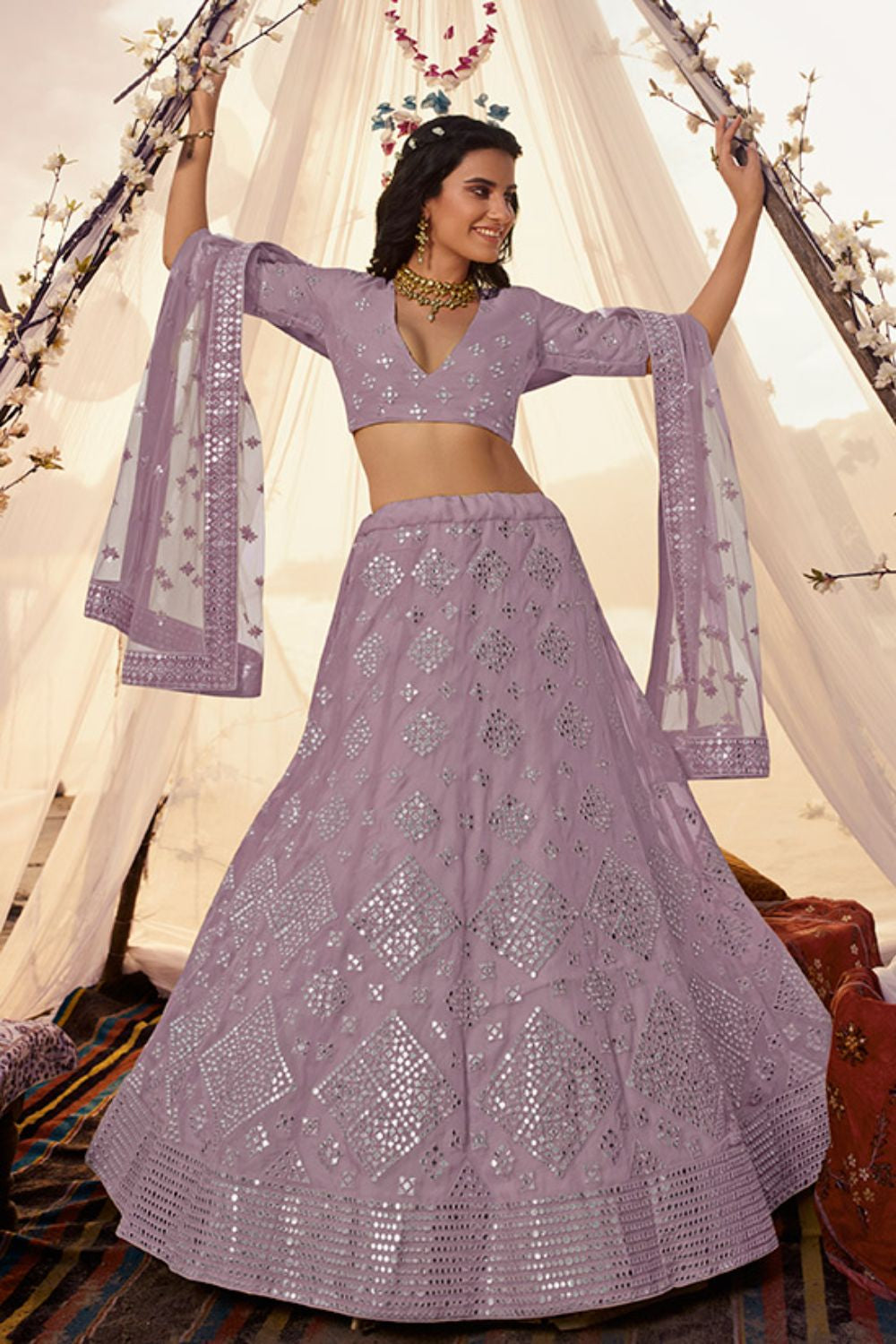Purple Organza Partywear Lehenga Choli Foil Mirror Work SFARY8013
