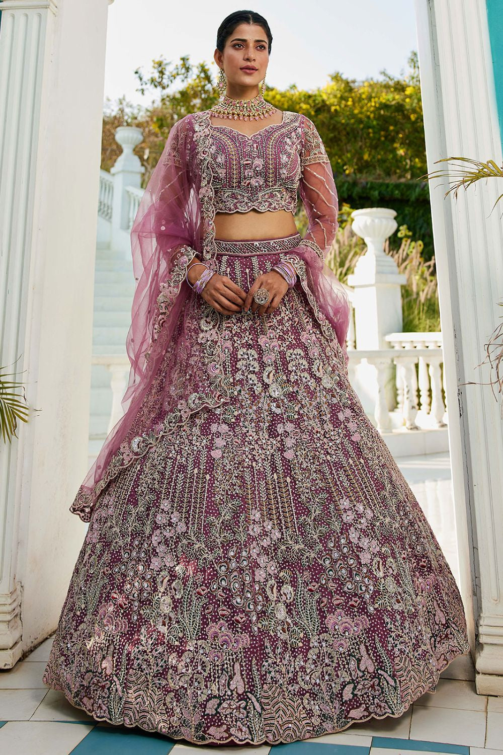 Purple Net Bridal Wedding Designer Lehenga Set SFROY509114