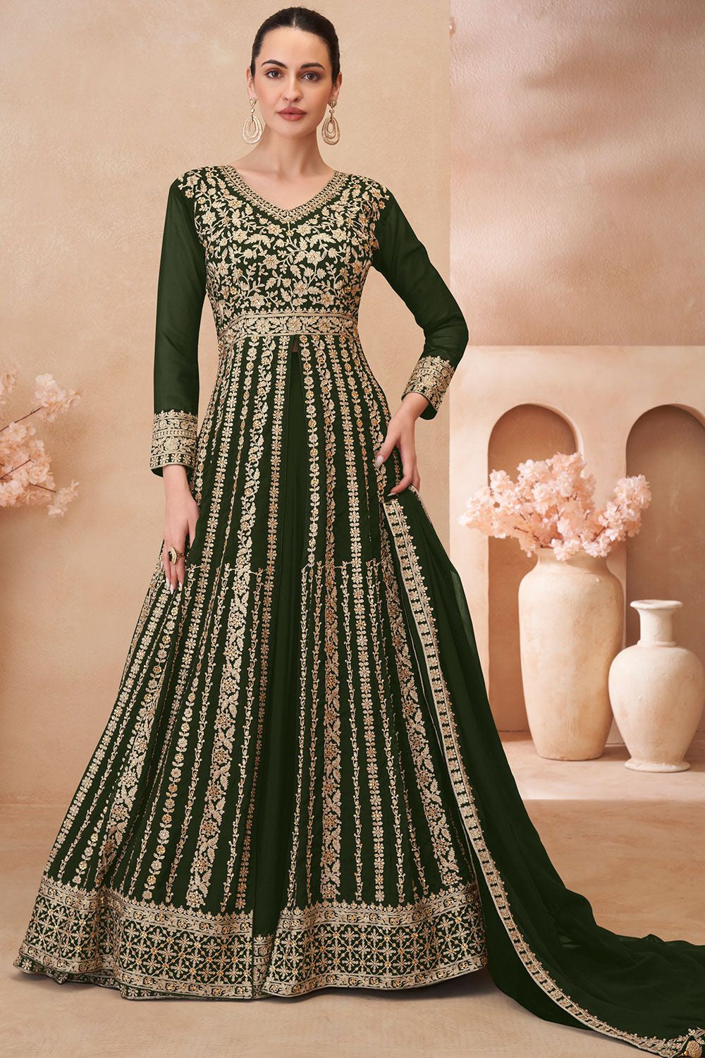 Green Wedding Sangeet Anarkali Lehenga Suit In Georgette SFSMT40802