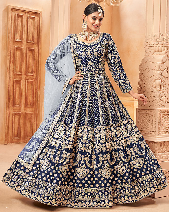 Blue Wedding Silk Designer Anarkali Suit Gown SFDFS23403