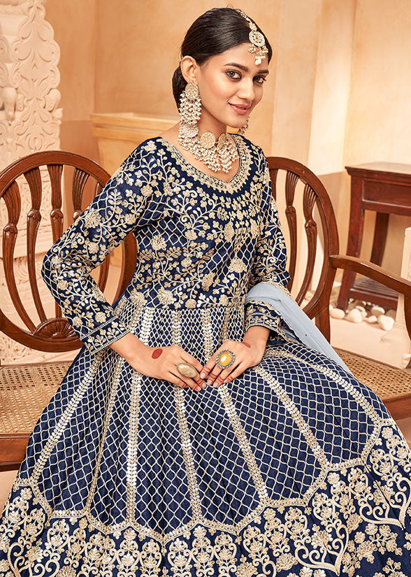 Blue Wedding Silk Designer Anarkali Suit Gown SFDFS23403