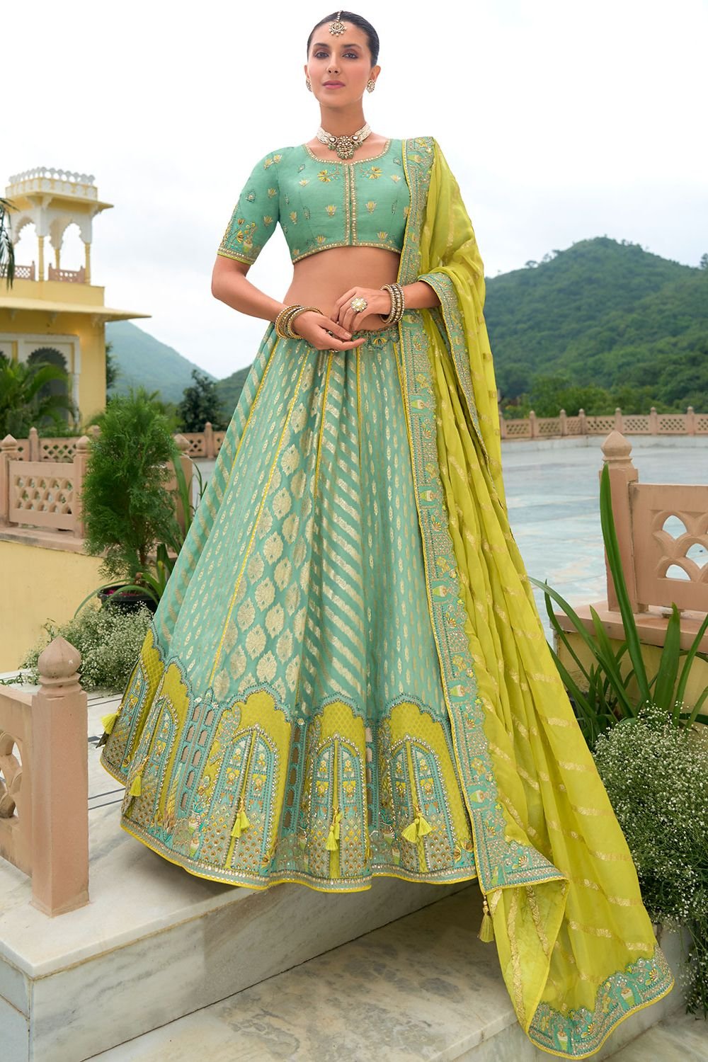 Turquoise Bridal Sangeet Silk Lehenga Choli Set SFSJDN25206