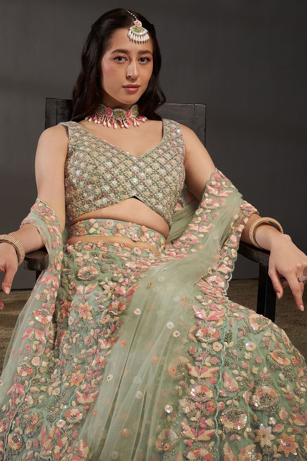 Green Net Bridal Reception Lehenga Choli SFSA494903