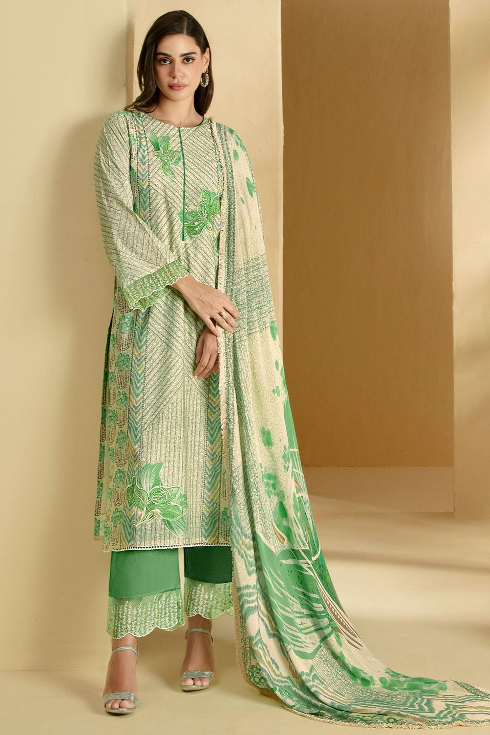 Green Plus Size Pure Cotton Lawn Salwar Kameez SFYS153903