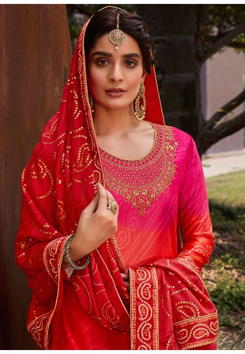 Orange Plus Size Satin Digital Print Indian Pakistani Palazzo Suit SFSA282501