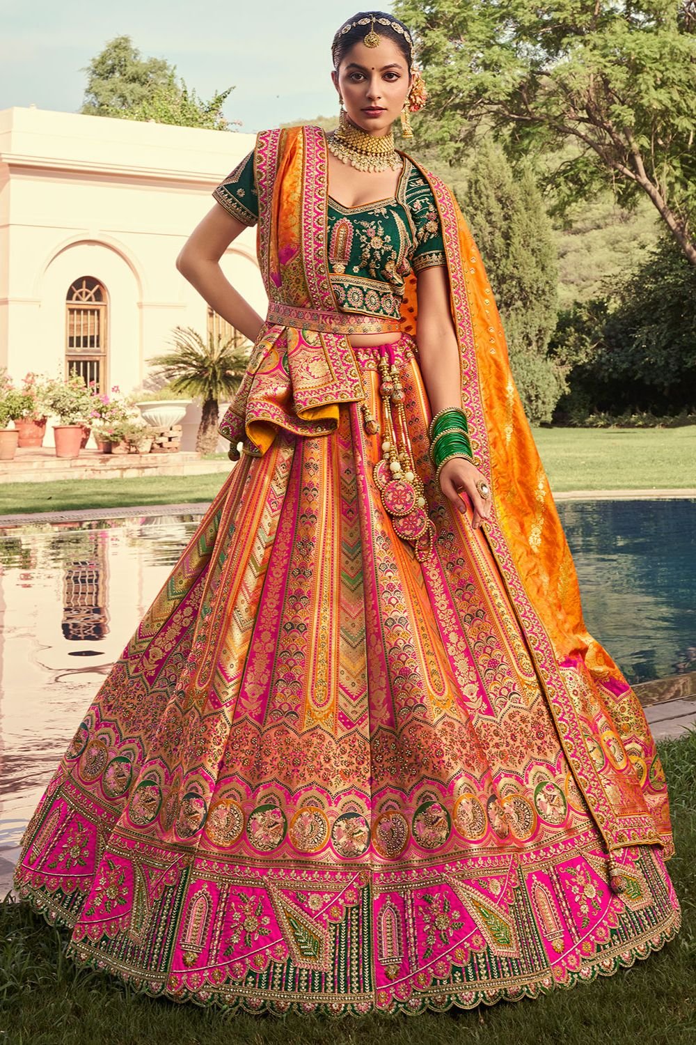 Golden Banarasi Bridal Lehenga Choli In Zarkan Cut Work SFSJDN30804