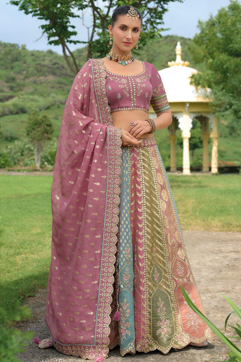 Pink Bridal Sangeet Silk Lehenga Choli Set SFSJDN25203