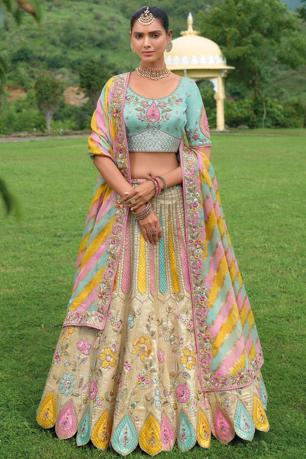 Beige Bridal Sangeet Silk Lehenga Choli Set SFSJDN25210